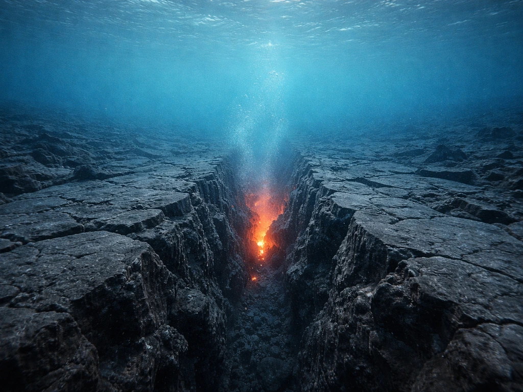 A calm mid-ocean ridge scene with dark seafloor, glowing magma upwelling, and fresh crust spreading.