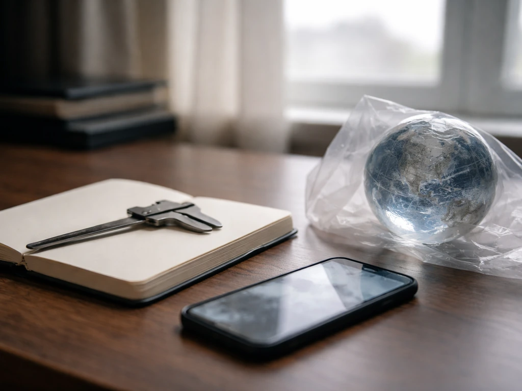 Minimal desk with calipers and a small unlabeled globe, implying geodesy evidence vs speculative expansion.