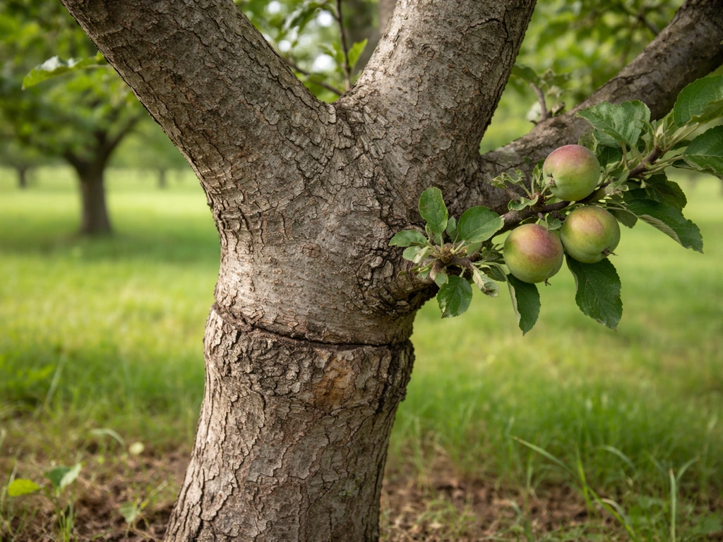 Close-up of an apple tree trunk showing graft union and small fruiting spurs with apples nearby.