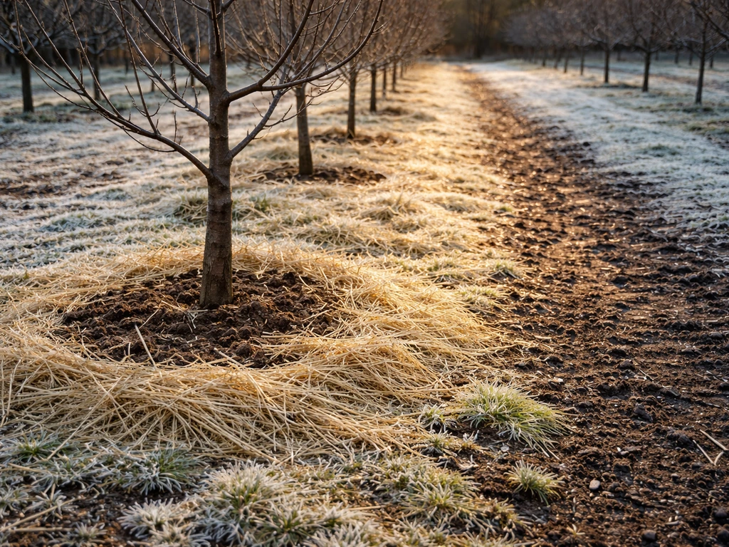 Young apple tree in an orchard showing frost in shade beside a sunlit, warmer strip of ground.