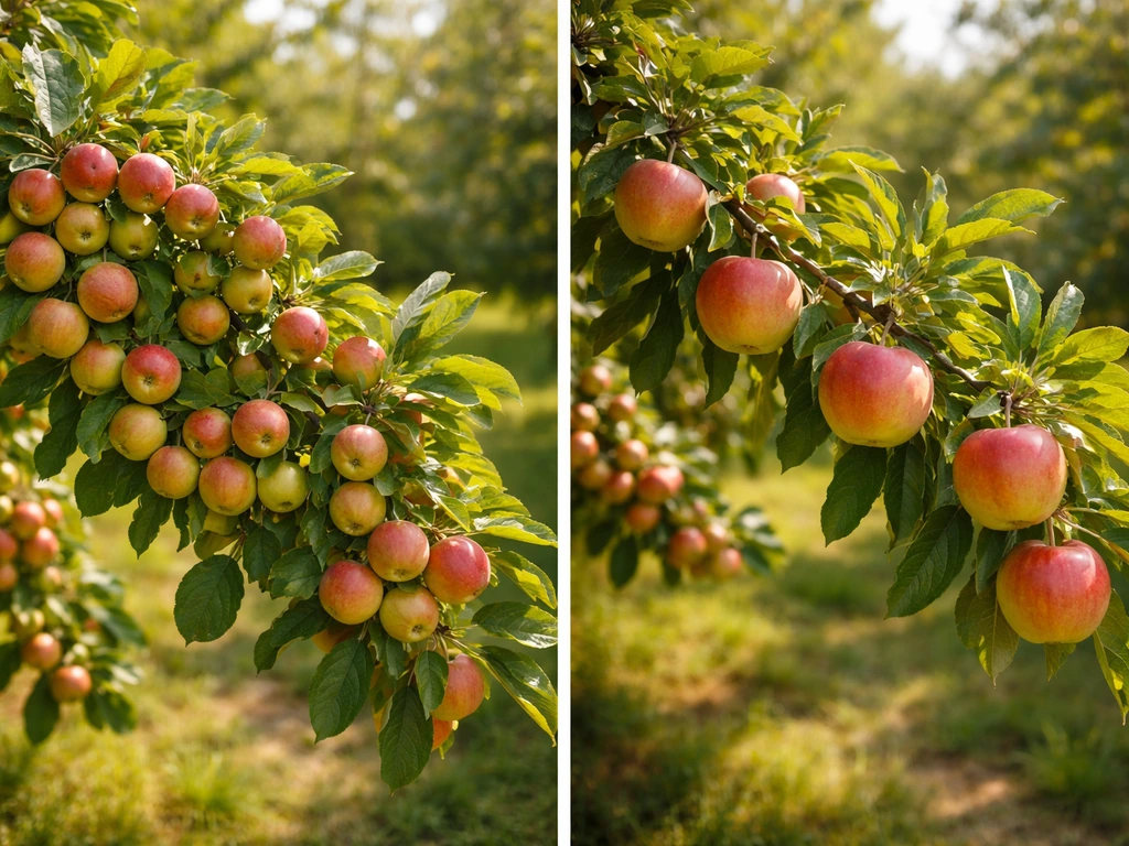Two small apple branches: dense fruit load vs thinned fruit, showing different apple sizes in late summer.