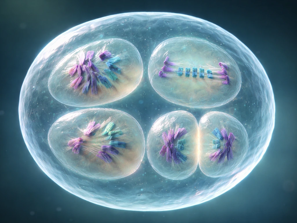 Macro view of one cell showing prophase to telophase mitosis stages with vivid colored chromosomes.