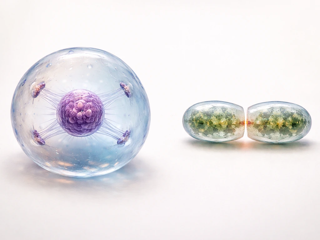 Split view of eukaryotic cell with nucleus and mitotic spindle next to simple bacterial division.