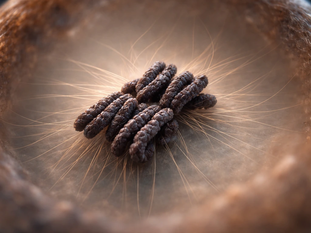 Condensed paired chromosomes in a dividing cell as spindle fibers begin organizing them, macro close-up.