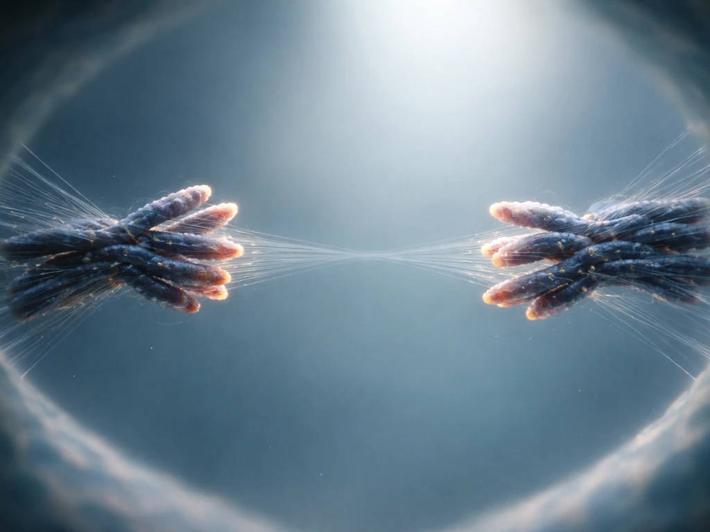 Anaphase-like macro view of threadlike chromatids pulled apart toward opposite poles inside a cell.