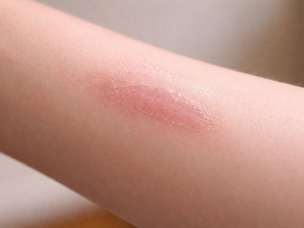 Close-up of a small skin abrasion healing, showing new repaired tissue replacing damaged area.