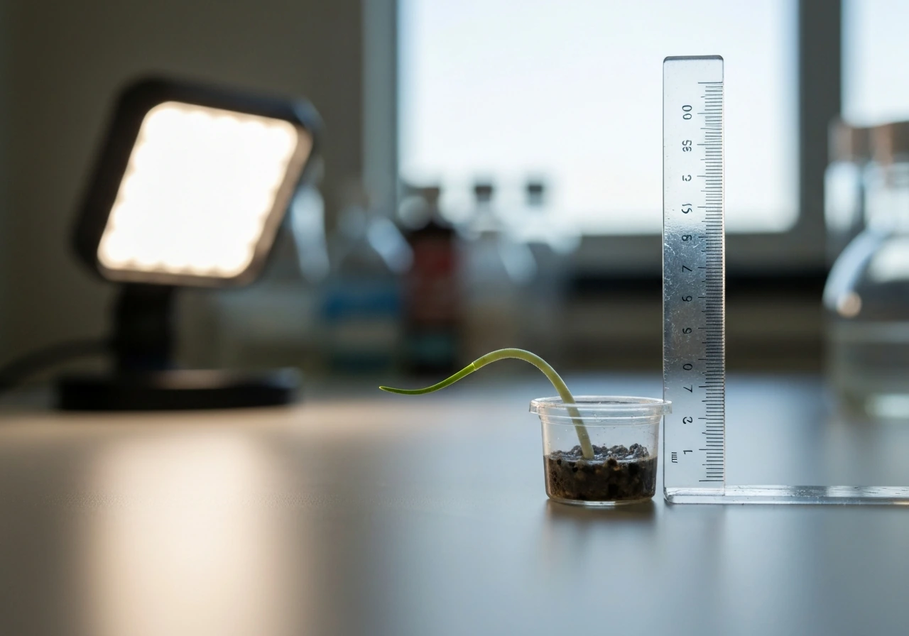 Curved coleoptile in a lab leaning toward one-sided light with a measuring scale beside it.