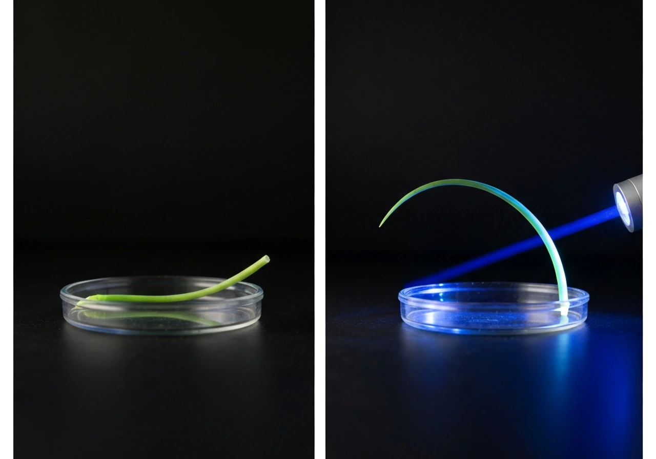 Coleoptile bending toward a blue light source, with a visible light beam and a before/after split view