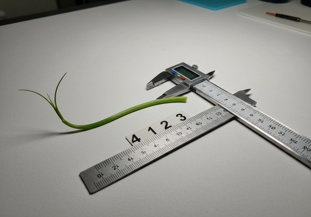 Close-up of a coleoptile being measured over time with a ruler and digital calipers on a clean lab surface.