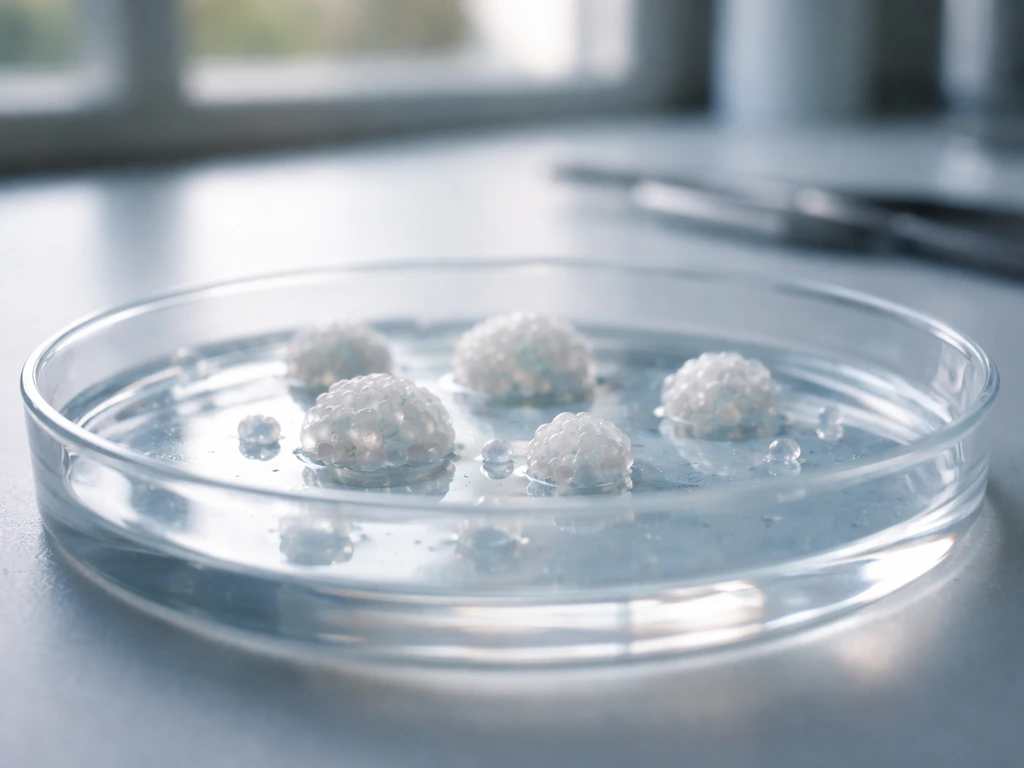 Close-up of a lab culture dish with translucent organoid-like pancreatic spheres transitioning to a larger scale.