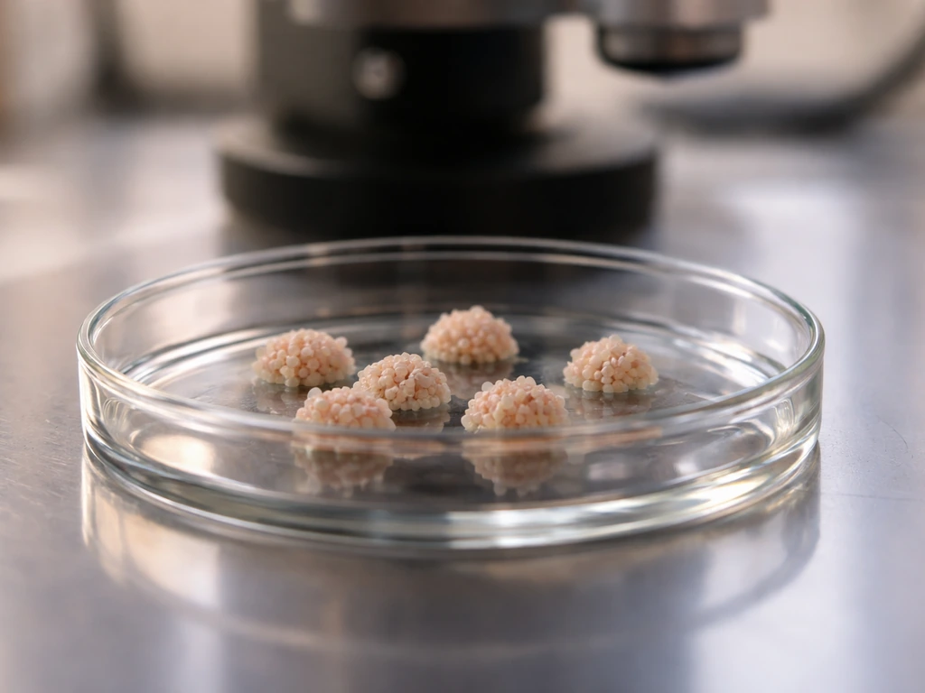 Stem-cell derived beta-cell clusters growing in a culture dish, shown in a clean lab imaging setup.