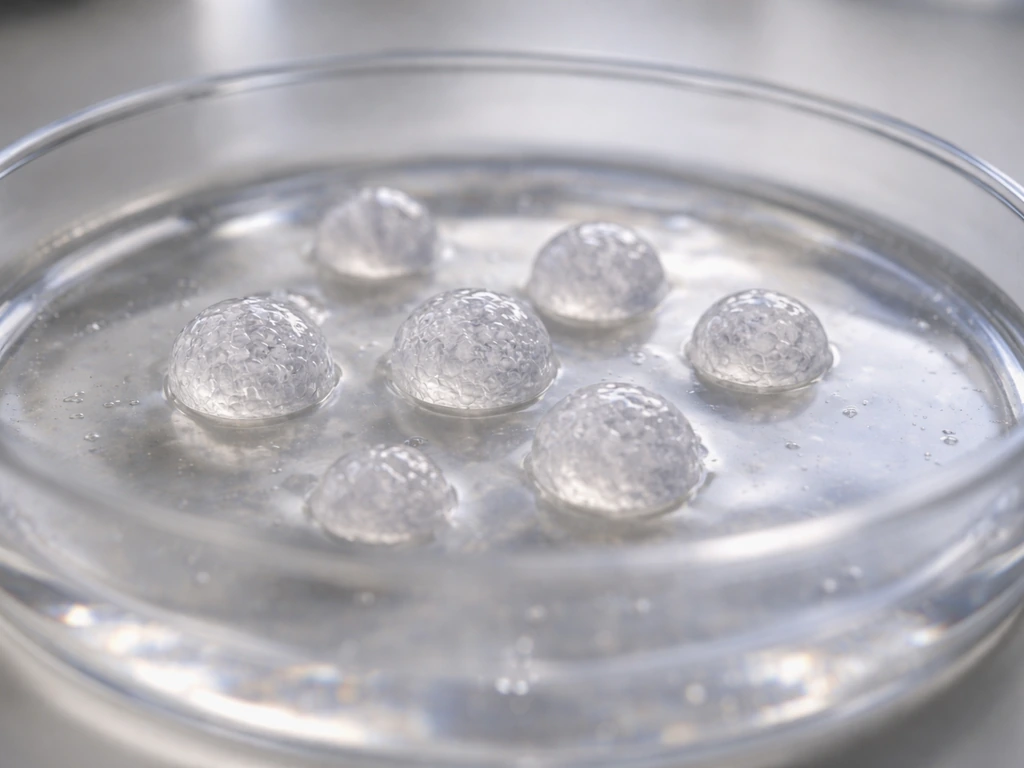 Microscope view of small translucent 3D organoid spheres in a petri dish culture gel
