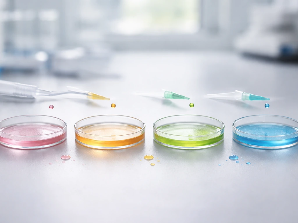 Four petri dishes on a lab bench with colored gels and pipette droplets showing staged differentiation.