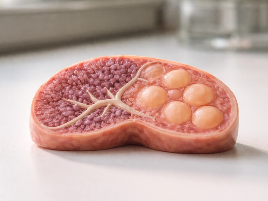 Lab bench photo of a sliced organ model showing acinar clusters, duct-like channels, and islet-like regions.