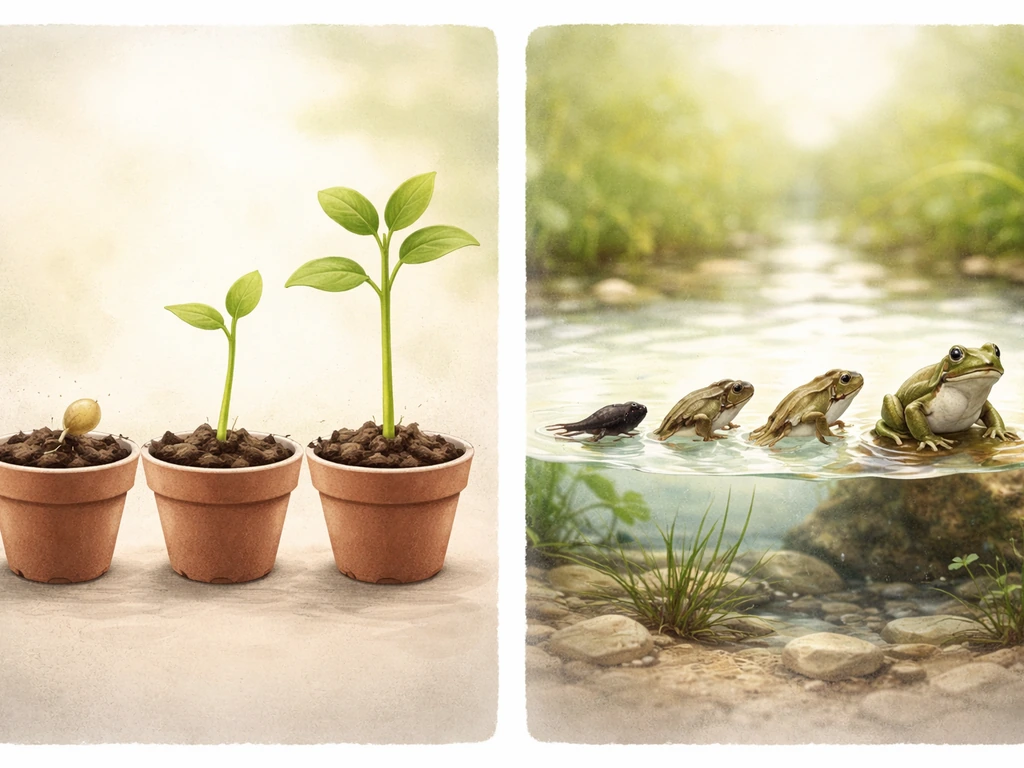 Two-panel collage: seedling growth vs tadpole development toward a frog, shown with overlapping stages.