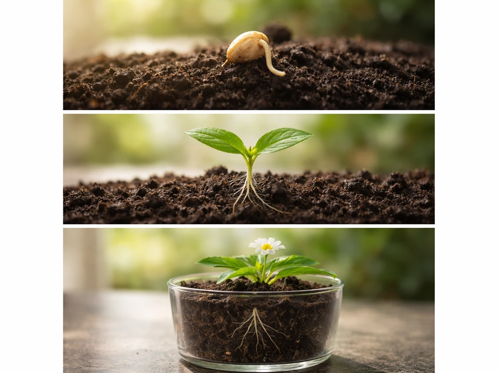 Three stages of a plant growing from a sprout to a flowering plant in dark soil.