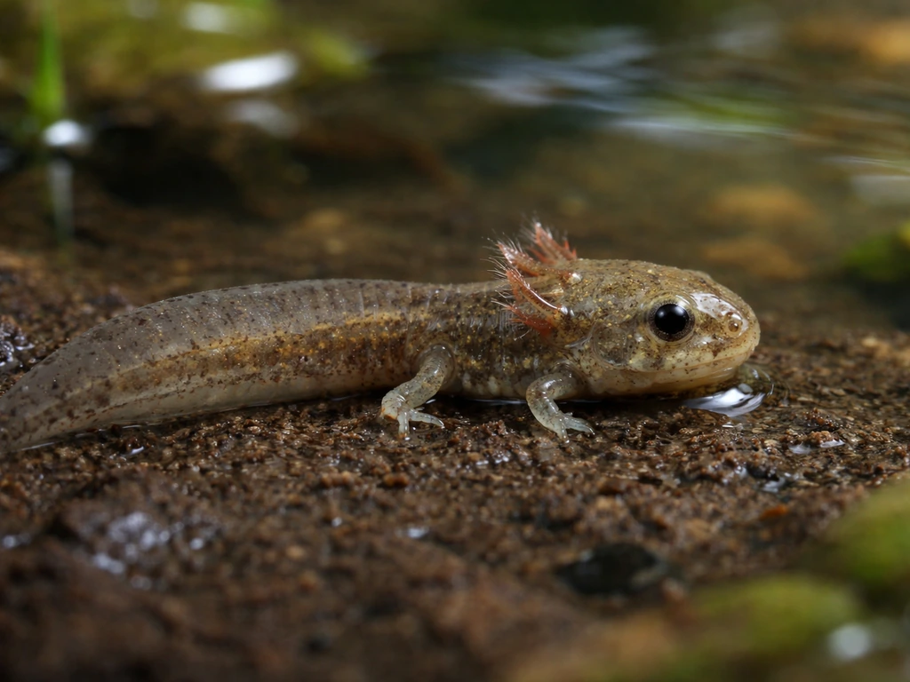 Close-up of a tadpole transforming in shallow pond water, showing gills and shrinking tail toward a frog.