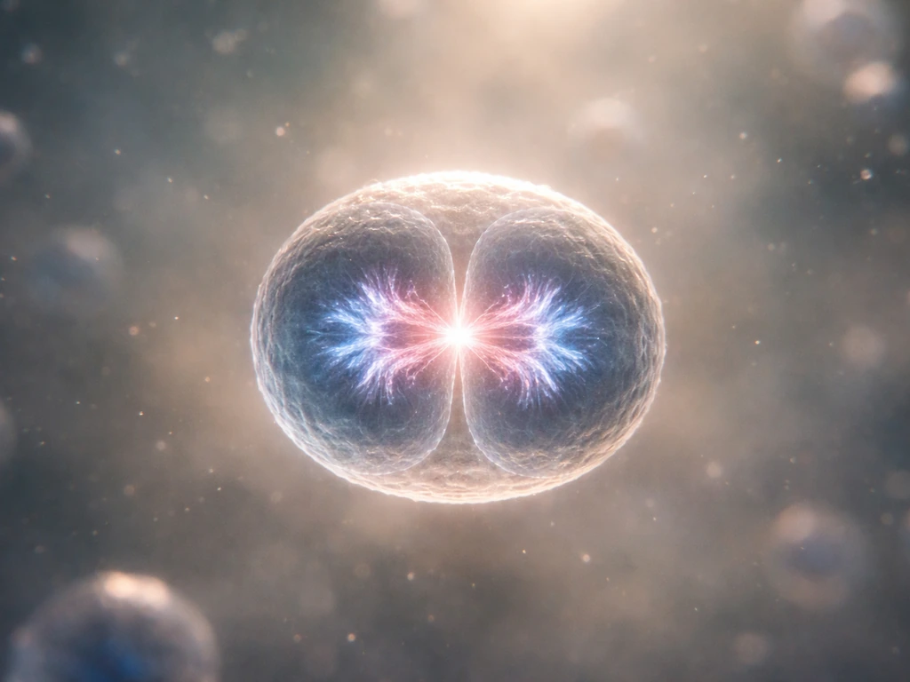 Microscope view of a cell undergoing mitosis, splitting into two daughter cells.