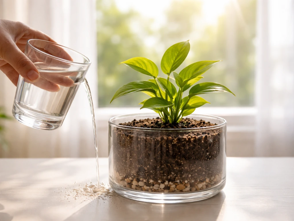 A potted plant on a tabletop with soil, a glass of water, and sunlight streaming in through a window.