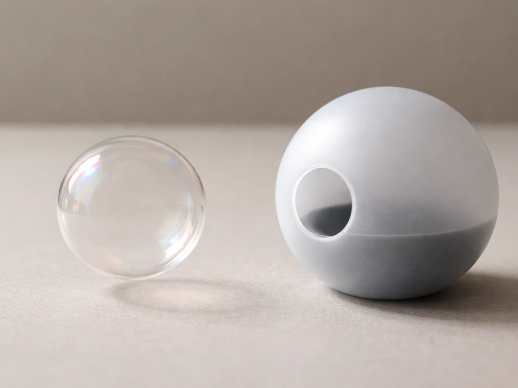 Minimal photo of a single soap bubble-like sphere beside a cutaway “warehouse” sphere to suggest surface-to-volume limit