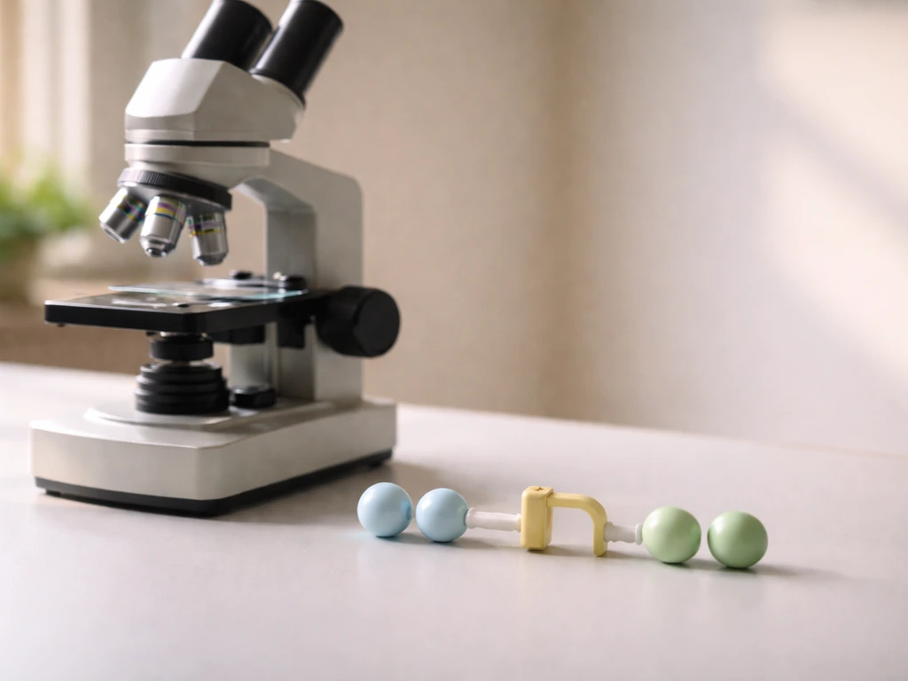 Minimal photo of a microscope beside a simple model of a cell cycle checkpoint gate leading to DNA replication