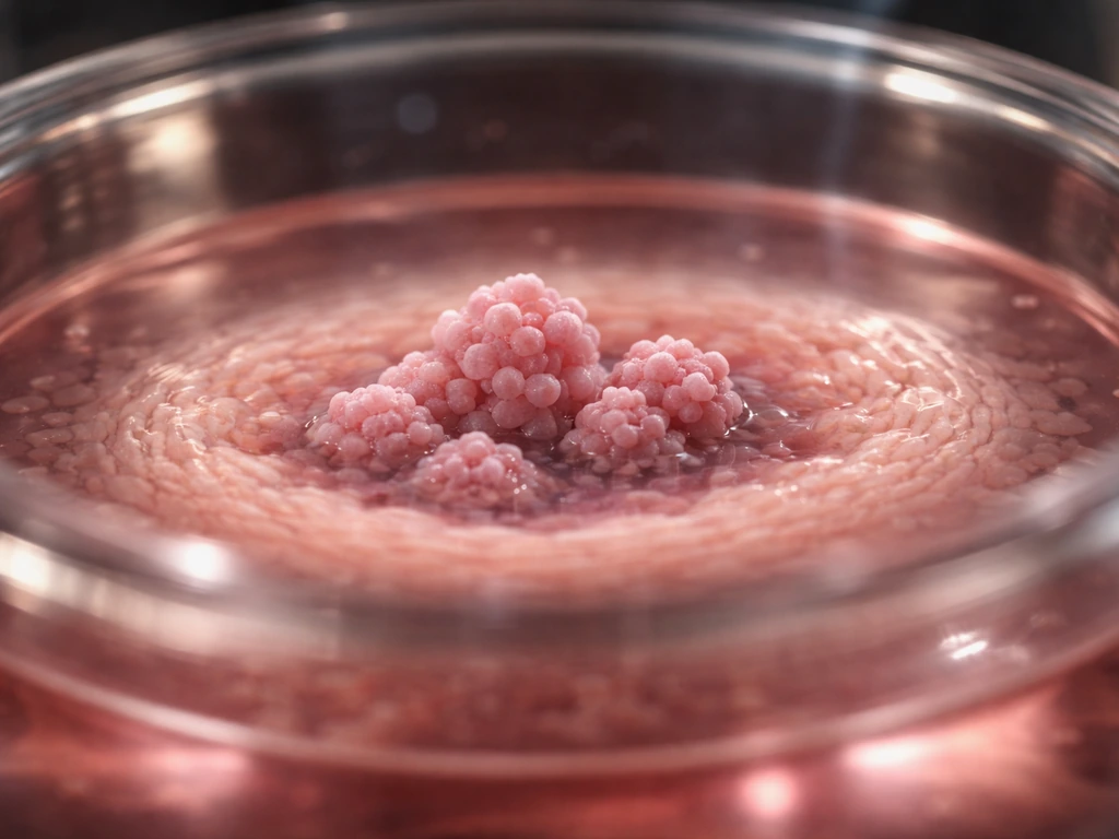 Microscope-like view of simplified embryo cells dividing, leading to layered tissue rebuilding.