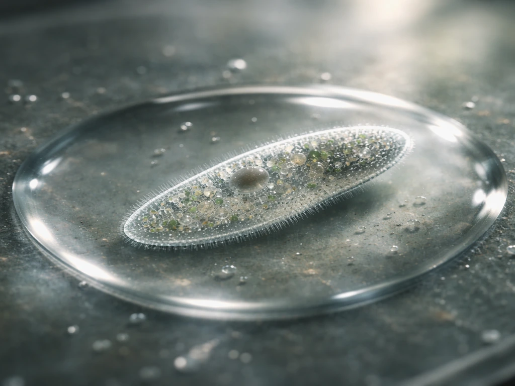 Microscope view of a Paramecium protist cell swimming in a drop of water