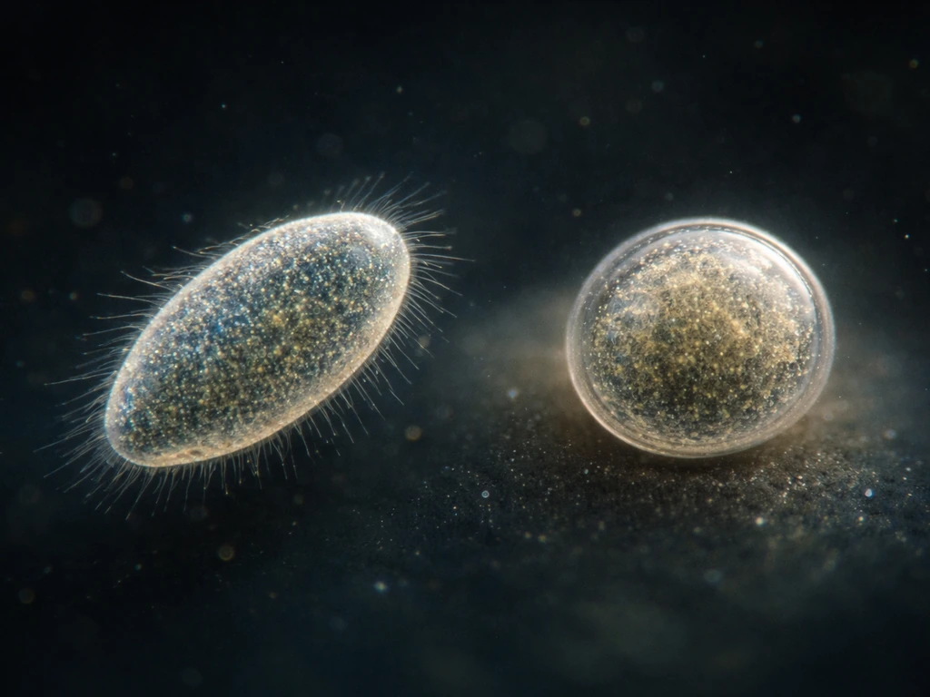 Microscopic view-style scene of a single protist cell transforming from active swimmer to dormant cyst-like stage.