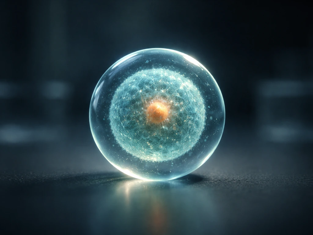 Minimal macro photo of a spherical cell model showing surface area vs volume scaling concept with wireframe glow.
