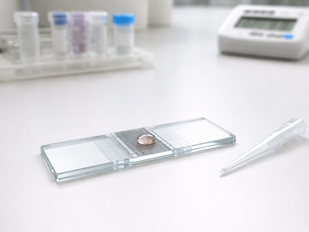 Close-up of a hemocytometer on a lab bench with a pipette tip and prepared sample, showing cell-counting setup.