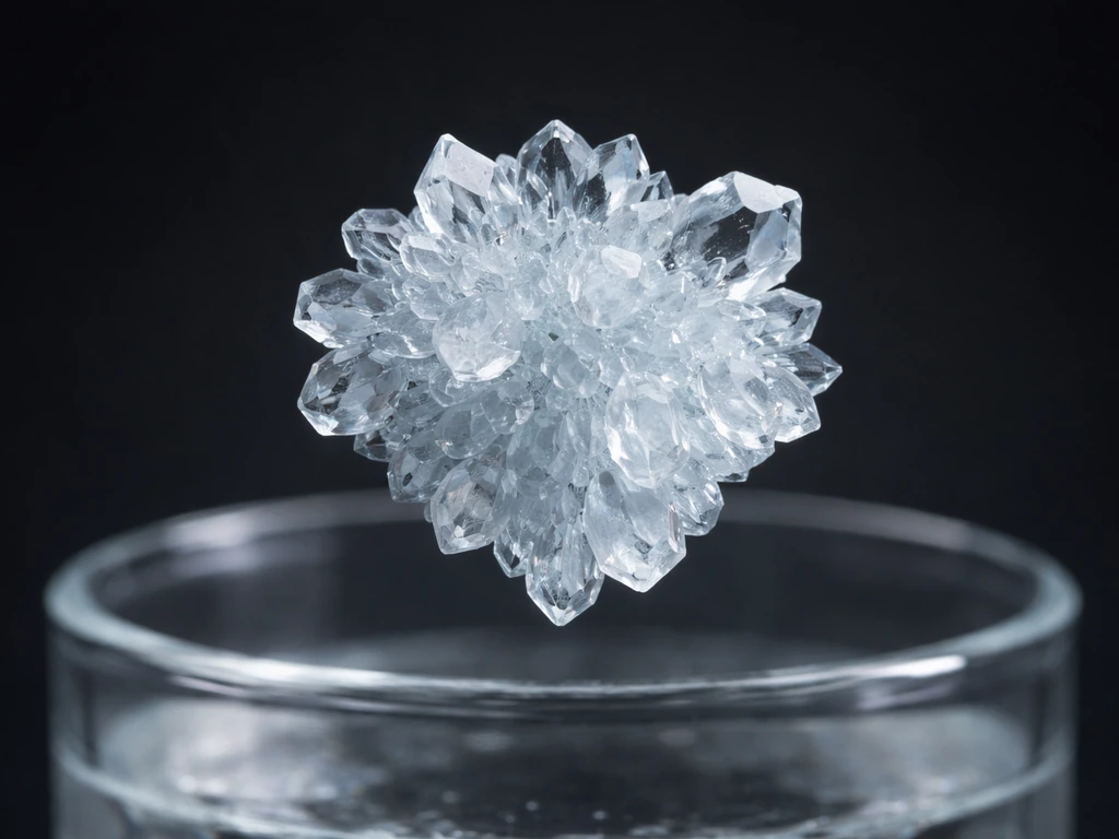 Single alum crystal cluster with subtle solution container visible on a dark background.