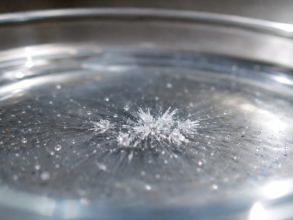 Macro of tiny alum crystal specks starting to form in clear supersaturated solution.