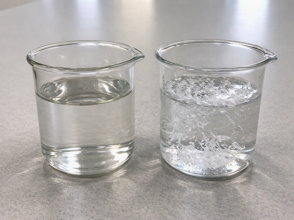 Two beakers side-by-side: hot alum solution clear, cooled solution showing fine white crystal growth.