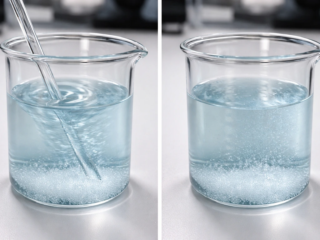 Close-up of an alum solution beaker where stirring creates crystal growth versus still solution.