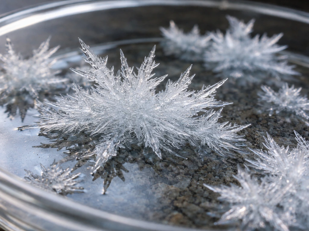 Close-up of spiky dendritic alum crystals with rough, branching growth on a glassy surface