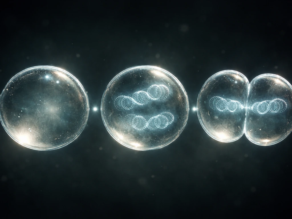 A single glowing cell with segmented stages showing growth, DNA copying, and division in sequence