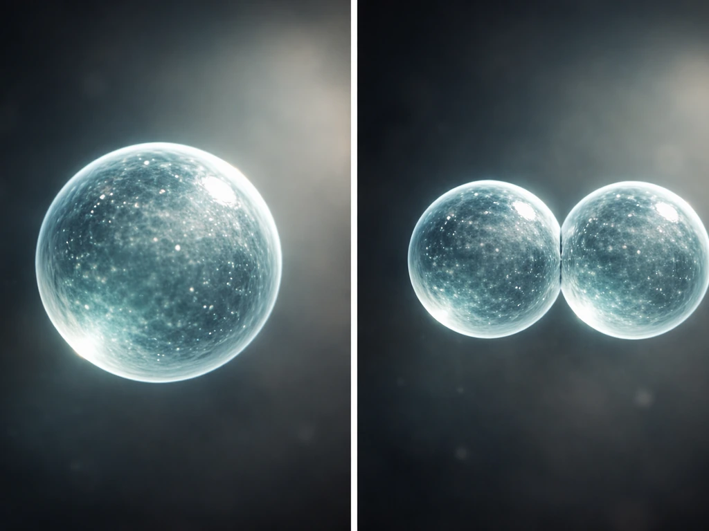 Side-by-side microscopic view: one cell enlarging versus one cell splitting into two daughter cells.