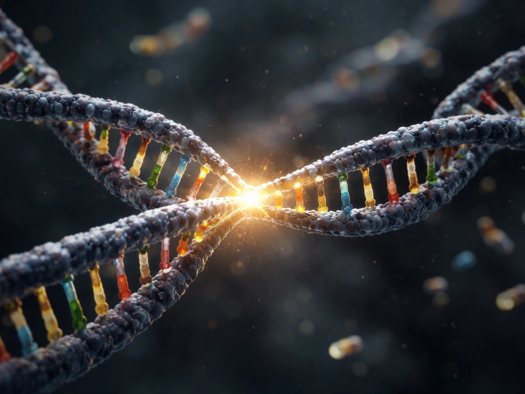 Close-up of a DNA replication fork with unwound strands and newly forming DNA strands.
