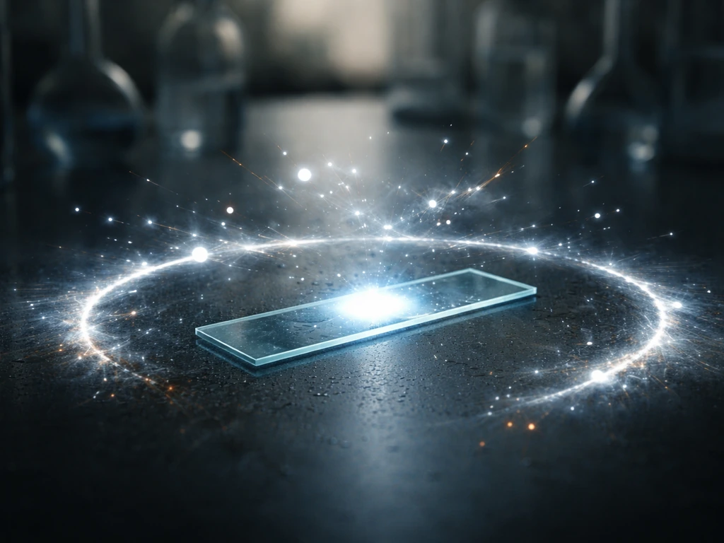 Glowing microscope slide with subtle molecular light effects suggesting DNA damage and halted cell division