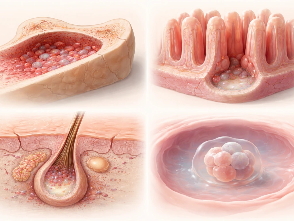 Realistic cutaway-style view showing stem-cell niches: bone marrow, intestinal crypt, hair follicle, and early embryo.
