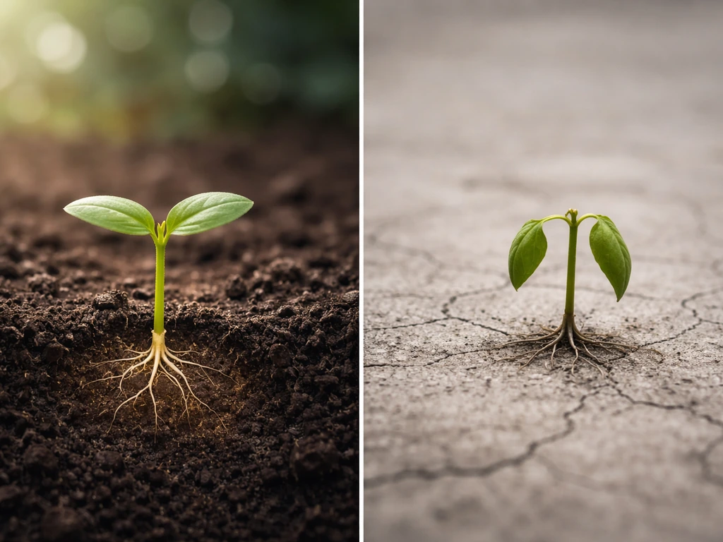 Split scene showing a healthy plant seedling in nutrient soil versus failing on bare concrete, biomedical tone.
