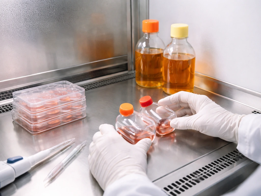 Gloved hands in a biosafety cabinet arranging stem-cell culture flasks and plates on sterile surfaces.