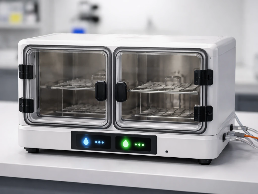 Hypoxic cell culture incubator setup with clear chamber doors and an O2 reading display.