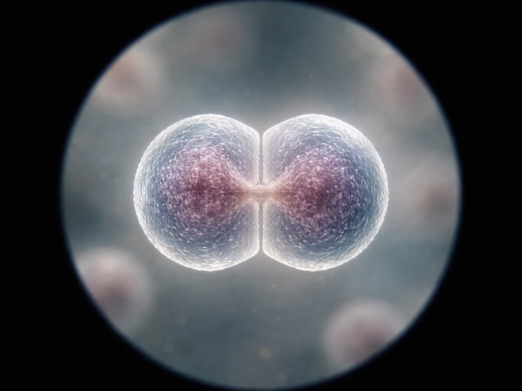 Microscope view of a cell beginning to divide with two daughter cells separating.