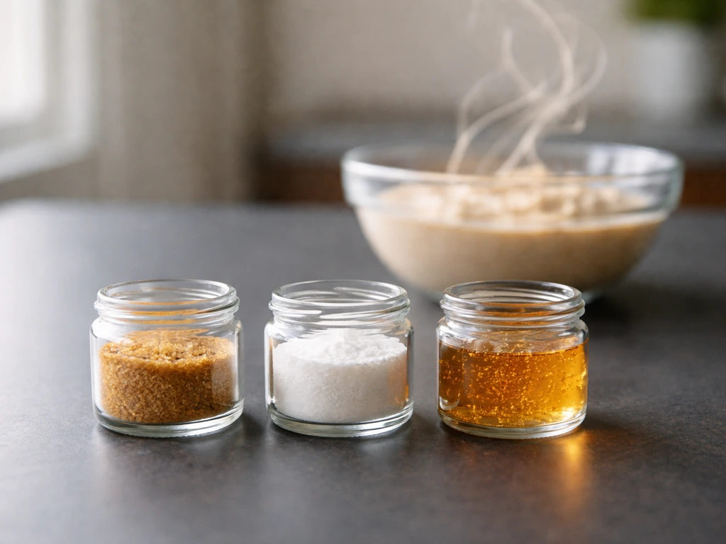 Three ingredient-like containers representing glucose, amino acids, and energy leading to a creamy growth-like mixture.