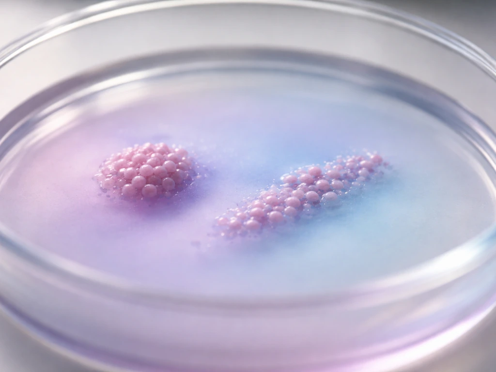 Lab dish with a translucent gel showing gentle gradients and organized cell-like clusters.