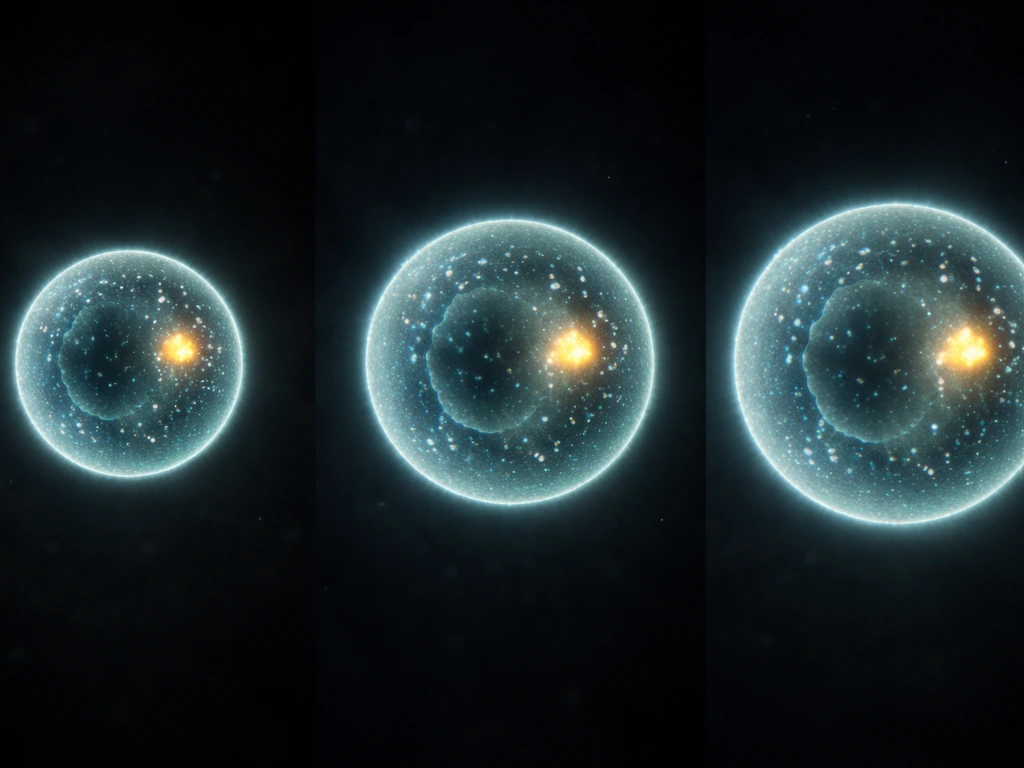 Single glowing cell showing progressively larger G1→S→G2 size with faint organelle growth cues.