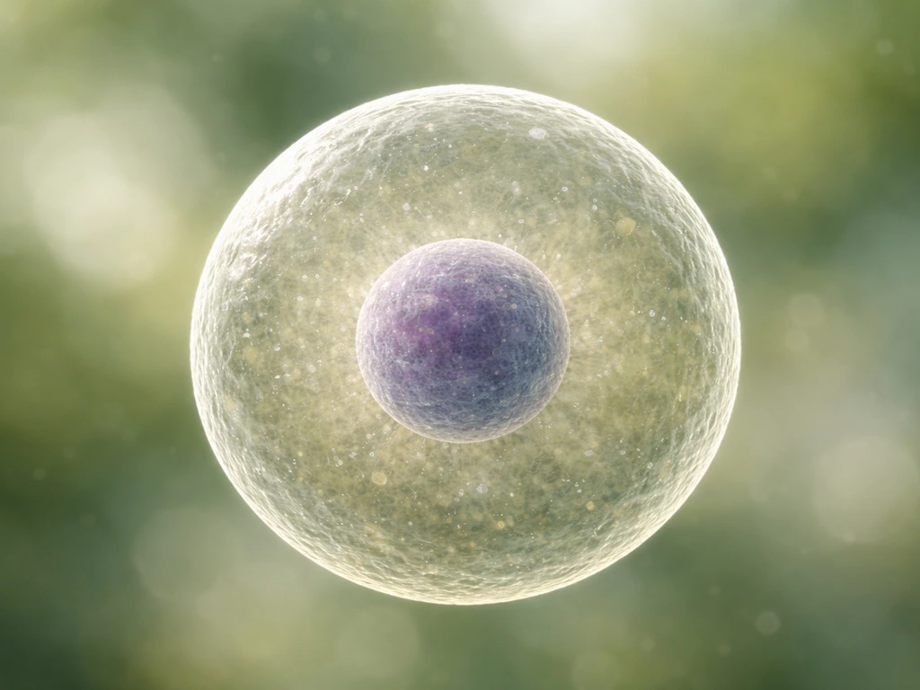 Close-up of a single plant cell at near-max size before mitosis, with nucleus centered, no division.
