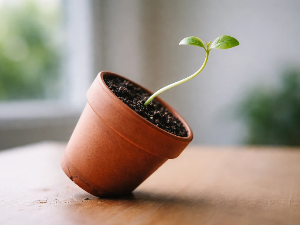 Side view of a tilted pot showing a seedling shoot curving opposite gravity force.