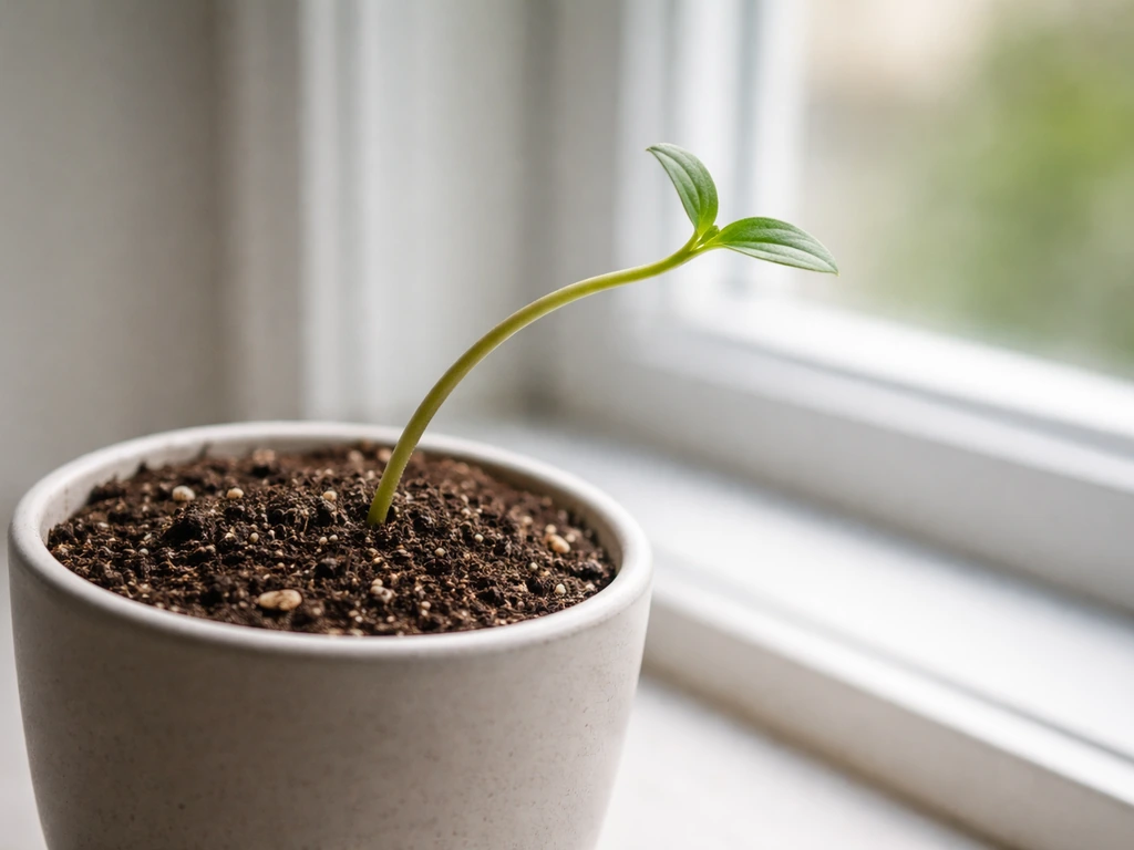 Tilted seedling in a pot with the shoot curving upward and away from gravity.